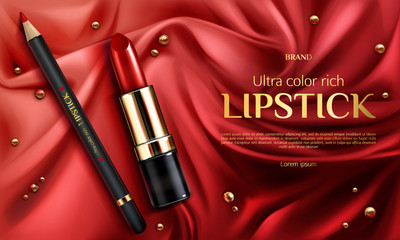 Lipstick cosmetics make up beauty product. Rouge and lip liner pencil on red silk draped fabric background with gold pearls. Luxury promo poster template for magazine, realistic 3d vector ad banner
