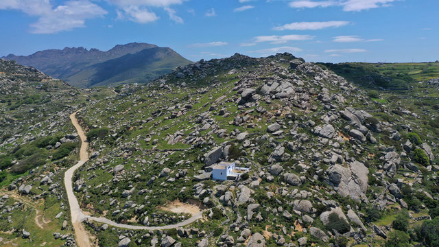 Aerial drone photo of Lunar landscape with big round granite stones a unique geological phenomenon in Volax village, Tinos island, Cyclades, Greece