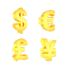 Currency symbols isolated on white. 3D redering.