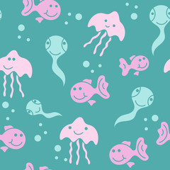 Cute fish and jellyfish and. Kids background. Seamless pattern.