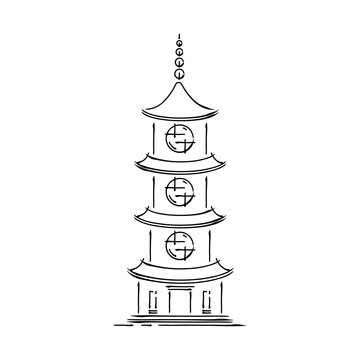 Japan landmark - temple, shrine, castle, pagoda, gate vector illustration simplified travel icon. Chinese, asian landscape traditional house. Ink brush style. Realistic element for design, print.