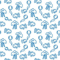 Vector seamless pattern with jellyfish and fish. Baby print.