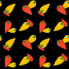 Hand drawn bell red and yellow peppers seamless pattern on black background. Vegetarian food concept