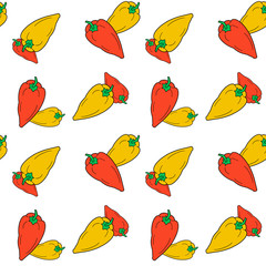 Hand drawn bell red and yellow peppers seamless pattern on white background. Vegetarian food concept