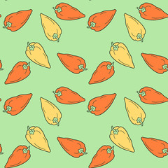 Hand drawn bell red and yellow peppers seamless pattern on green background. Vegetarian food concept