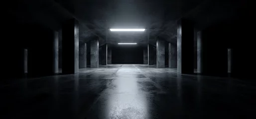 Sci-Fi-moderner dunkler Beton Zement Asphalt futuristisches Raumschiff elegante Tiefgarage Tunnelkorridor leerer Raum weißes Leuchten glänzende Säulen 3D-Rendering © IM_VISUALS