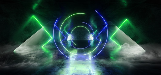Smoke Circle Futuristic Neon Sci Fi Background Glowing Lasers Blue Green Vibrant Virtual On Reflective Grunge Concrete Hall Underground Tunnel Corridor Shapes Shine Fluorescent 3D Rendering