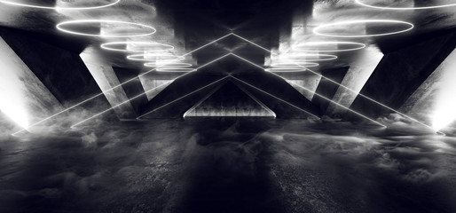 Smoke Triangle Futuristic Neon Sci Fi Background Glowing Lasers White Virtual On Reflective Grunge Concrete Hall Underground Tunnel Corridor Shapes Shine Fluorescent 3D Rendering