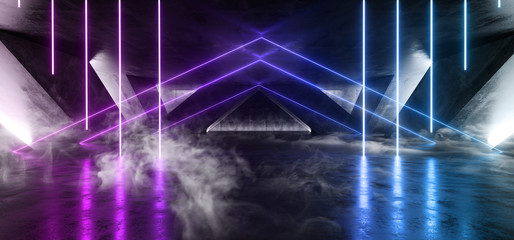 Smoke Triangle Futuristic Neon Sci Fi Background Glowing Lasers Blue Purple Vibrant Virtual On Reflective Grunge Concrete Hall Underground Tunnel Corridor Shapes Shine Fluorescent 3D Rendering