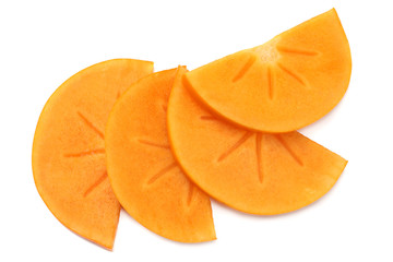 fresh ripe persimmon slices isolated on white background. top view