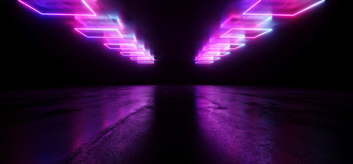Stage Neon Construction Laser Show Glowing Purple Blue Lights Vibrant Reflective Dark Concrete Grunge Underground Club Space Fluorescent Modern Retro 3D Rendering