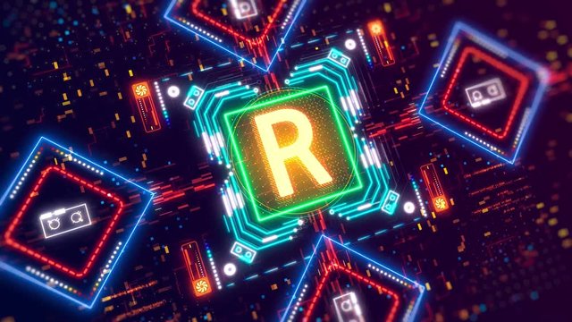 South African rand money sign. Futuristic style animation with neon colors