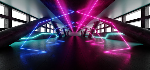 Futuristic Neon Sci Fi Vibrant Glowing Purple Blue White Hall Huge Windows Concrete Grunge Lasers Stage Corridor Entrance Gate Path Virtual Abstract Shapes Reflective 3D Rendering