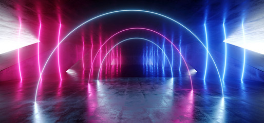 Arc Oval Futuristic Neon Sci Fi Background Glowing Lasers Blue Purple Vibrant Virtual On Reflective Grunge Concrete Hall Underground Tunnel Corridor Shapes Shine Fluorescent 3D Rendering