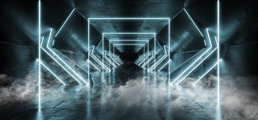 Smoke Fog Futuristic Sci Fi Modern Spaceship Neon Glowing Blue Stage Tunnel Corridor Underground Concrete Grunge Reflections Fluorescent 3D Rendering - obrazy, fototapety, plakaty