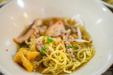 Thai style noodle soup , Boat pork noodles Kuetiau Lua Payak Bangkok Thailand.