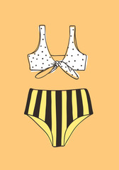 Hand drawn summer bikini illustration. Actual tropical vector background. Artistic doodle drawing. Creative ink art work