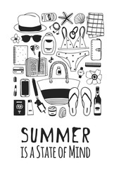 Hand drawn summer quote and illustration. Actual tropical vector background. Artistic doddle drawing. Creative ink art work and text  SUMMER IS A STATE OF MIND