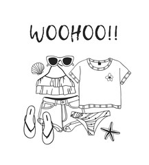 Hand drawn summer quote and illustration. Actual tropical vector background. Artistic doddle drawing. Creative ink art work and text  WOOHOO!!