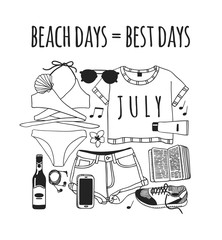 Hand drawn summer quote and illustration. Actual tropical vector background. Artistic doddle drawing. Creative ink art work and text  BEACH DAYS = BEST DAYS
