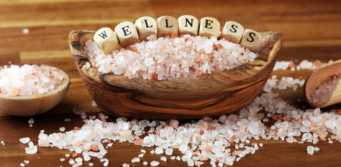 Natuaral cosmetics with pink himalayan spa salt. Sea bath salt for healthy spa relaxation