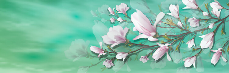 realistic flower, Magnolia branch isolated on green background. Magnolia branch is a symbol of spring, summer, feminine charm, femininity in the style of realism. 3d, volumetric pink flower, backgroun