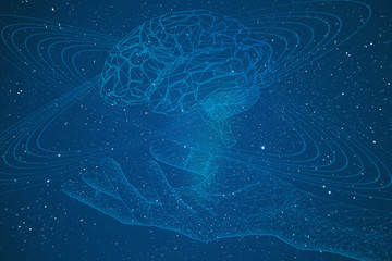 artificial intelligence, conceptual representation of a cyborg arm and brain with electronic connections in space