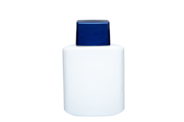 mock up white glass bottle with blue plastic cap isolated on white background.