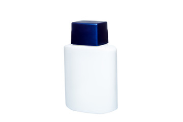 no label white glass bottle with blue plastic cap isolated on white background side view.