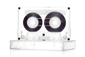 Fototapeta premium cassette tape on clear plastic cassette tape cases pack on white background.