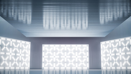 Obraz premium Glowing neon lighting on wall and a blank stage background for product placement. 3D illustration.