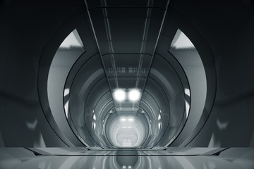 Abstract circle Spaceship corridor. Futuristic tunnel with light. Future interior background, business, sci-fi science concept. 3d rendering