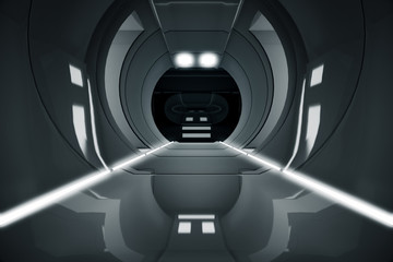 Abstract circle Spaceship corridor. Futuristic tunnel with light. Future interior background, business, sci-fi science concept. 3d rendering