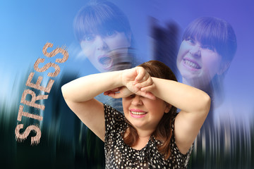 A woman covers her face with her hands, behind her two more of her face with different emotions
