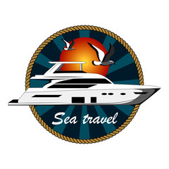 Color vector image of the yacht, seagulls, sun.