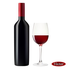 Realistic  bottle red wine and glass wine. Colorful designer element set for paper, interiors, t-shirts, logos, covers, fabrics, labels, card and more.