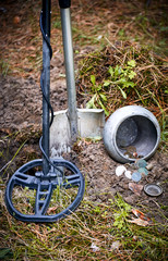 Search for treasure using a metal detector and shovel.