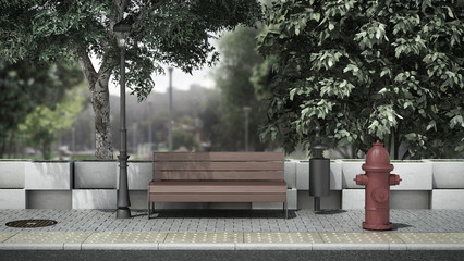 street background bench on the sidewalk 3d render image