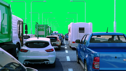 Cars on highway in traffic jam 3d render green screen
