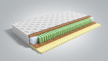 mattress in the cut 3d render on grey gradient background