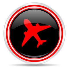 Aircraft icon. Round metal web button, black and red.