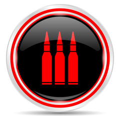 Ammo icon. Round metal web button, black and red.