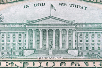 close up macro shot : 10 US dollar bills with in God we trust text and us treasury Background