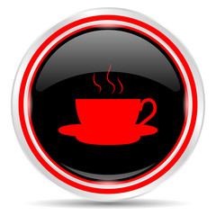 Coffee icon. Round metal web button, black and red.