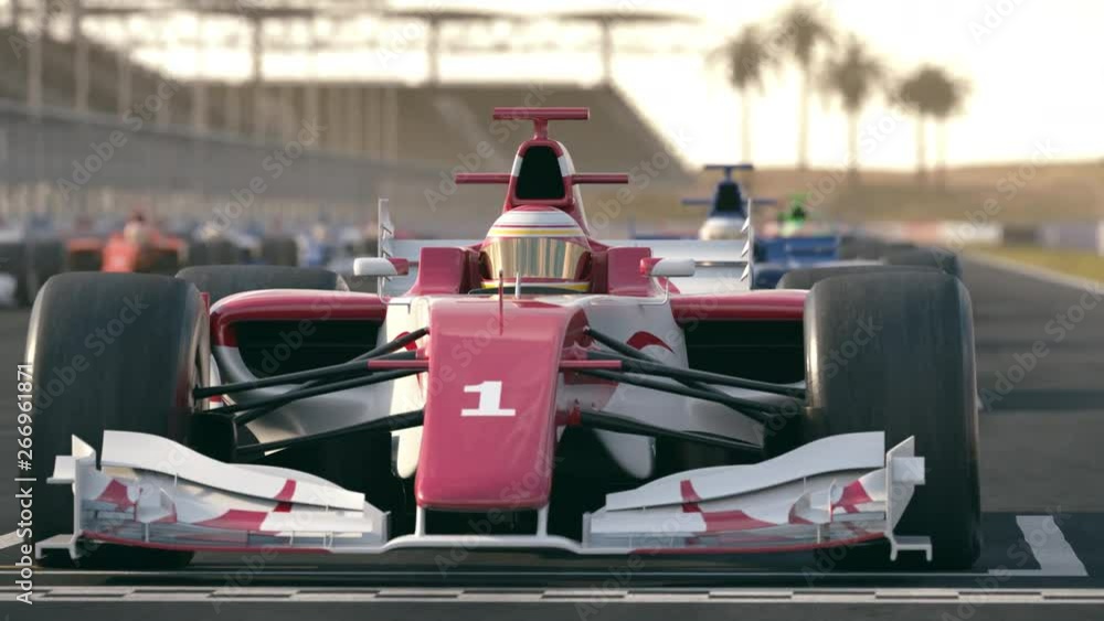 Poster camera slowly pans to a generic red race car at pole position - realistic high quality 3d animation 