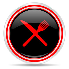 Obraz premium Knife and fork icon. Round metal web button, black and red.