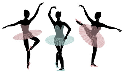 Collection. Silhouette of a cute lady, she is dancing ballet. The girl has a beautiful figure. Woman ballerina. Vector illustration set © Nataliia