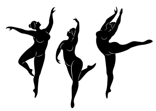 Collection. Silhouette of a cute lady, she is dancing ballet. Woman is overweight. The girl is plump and slim. Woman is ballerina, gymnast. Vector illustration set