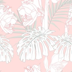Peach line lily flowers with exotic monstera leaves, light background. Floral seamless pattern. Tropical illustration. Summer beach design. Paradise nature. 