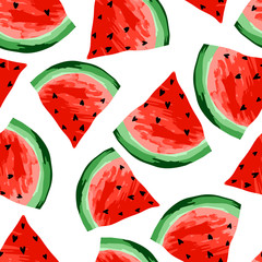 Seamless watermelons pattern. Slices of watermelon, berry background. Painted fruit, graphic art, cartoon. For the design of the fabric, print, wallpaper, wrapping. Vector illustration